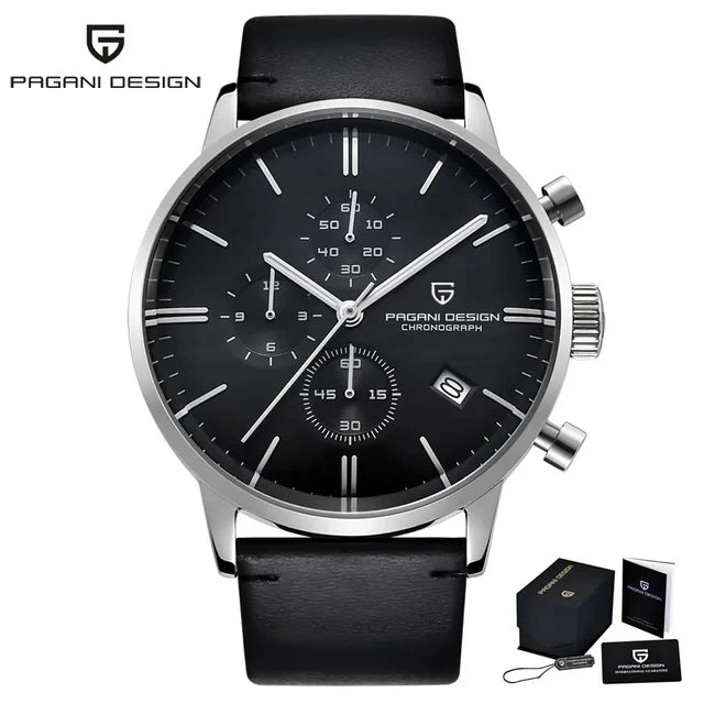 PAGANI DESIGN Mens Watches Waterproof 30M Genuine Leather Japanese VK67 Movement Quartz Watch