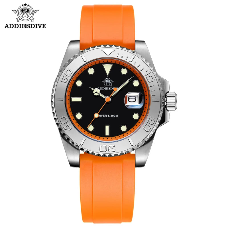 Mens Automatic Mechanical Diver Watch 200m Waterproof Stainless Steel Case Orange Rubber Strap Luminous Wristwatch