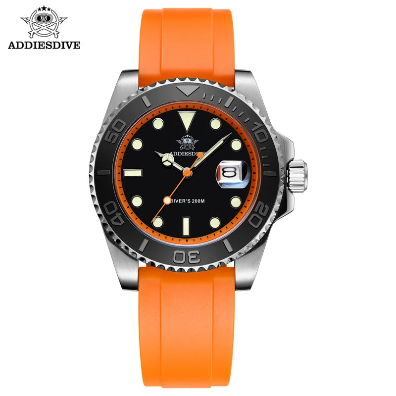 Mens Automatic Mechanical Diver Watch 200m Waterproof Stainless Steel Case Orange Rubber Strap Luminous Wristwatch
