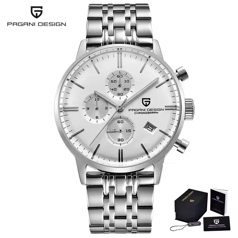 PAGANI DESIGN Mens Watches Waterproof 30M Genuine Leather Japanese VK67 Movement Quartz Watch