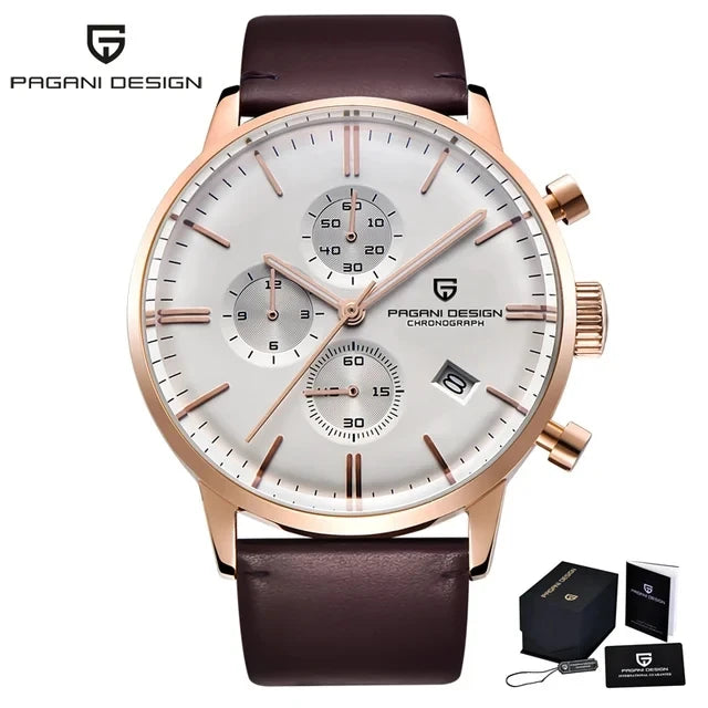 PAGANI DESIGN Mens Watches Waterproof 30M Genuine Leather Japanese VK67 Movement Quartz Watch
