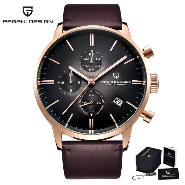 PAGANI DESIGN Mens Watches Waterproof 30M Genuine Leather Japanese VK67 Movement Quartz Watch