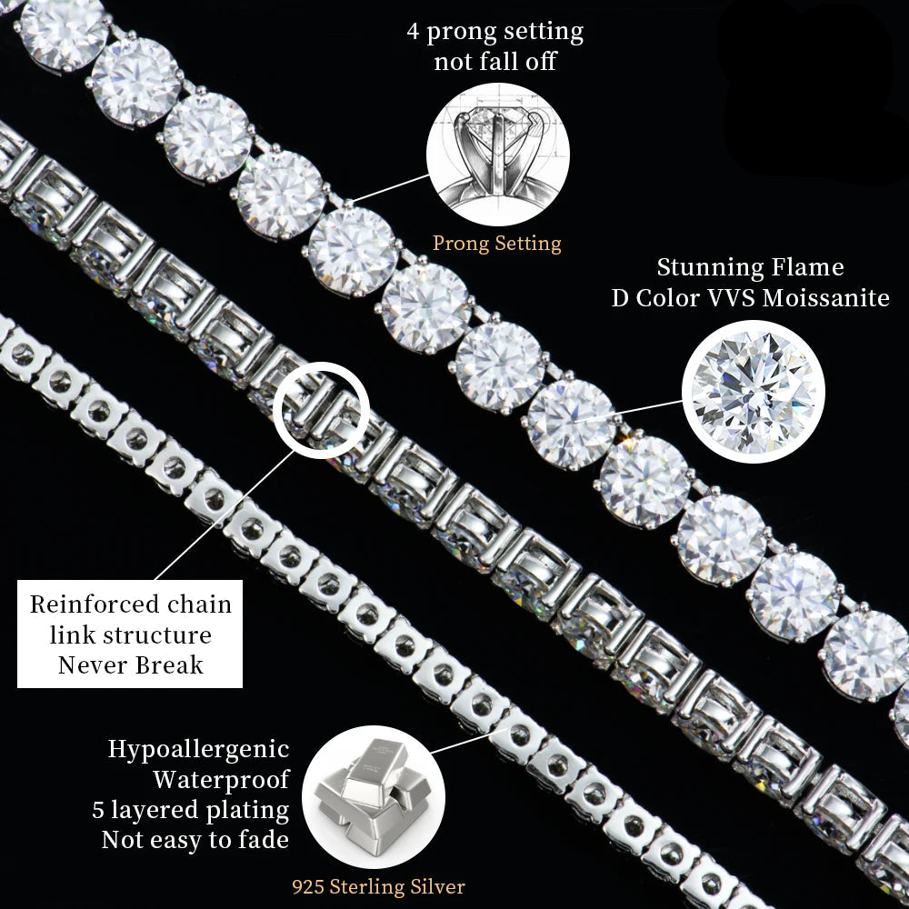 Factory Wholesale 2-6mm Iced Jewelry 925 Sterling Silver VVS Graded Mossanite Moissanite Diamond Tennis Chain Bracelet Gift