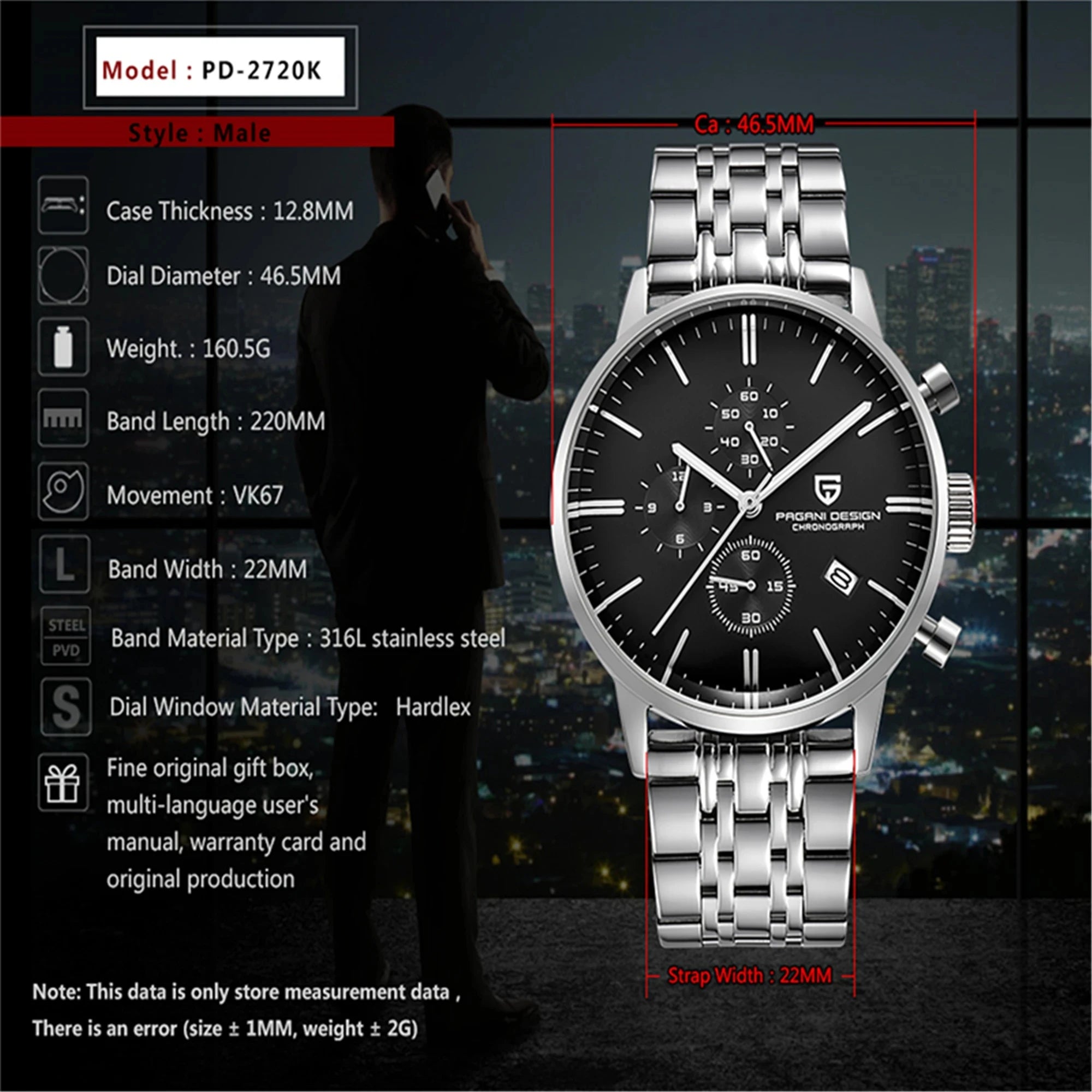 PAGANI DESIGN Mens Watches Waterproof 30M Genuine Leather Japanese VK67 Movement Quartz Watch