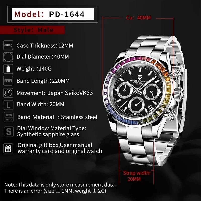 PAGANI DESIGN 1644 New Brand Rainbow Watch Men Top Luxury Quartz Wristwatch Fashion Chronograph Waterproof Sport Watch for Men