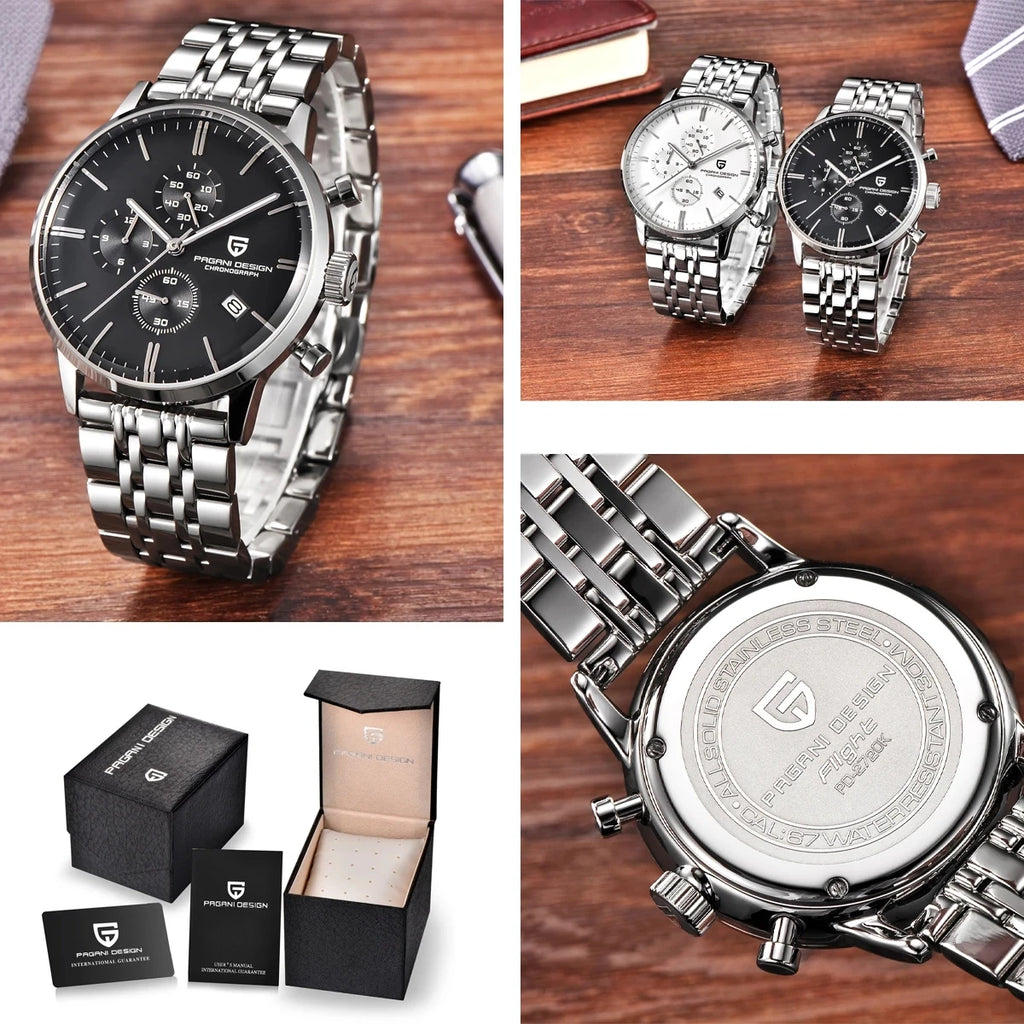 PAGANI DESIGN Mens Watches Waterproof 30M Genuine Leather Japanese VK67 Movement Quartz Watch