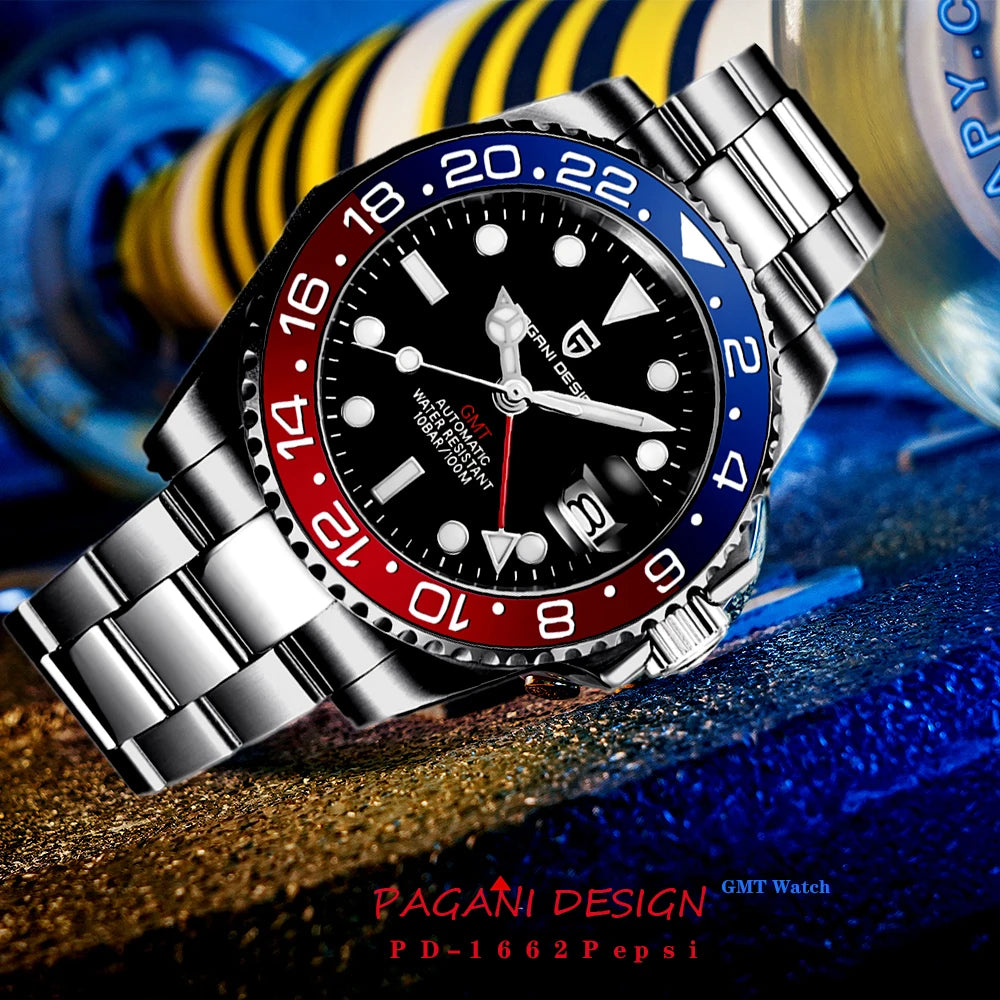 New PAGANI DESIGN 1662 Men Mechanical Watches Top Brand Sapphire Glass GMT Watches 100M Waterproof Automatic Watch for Men