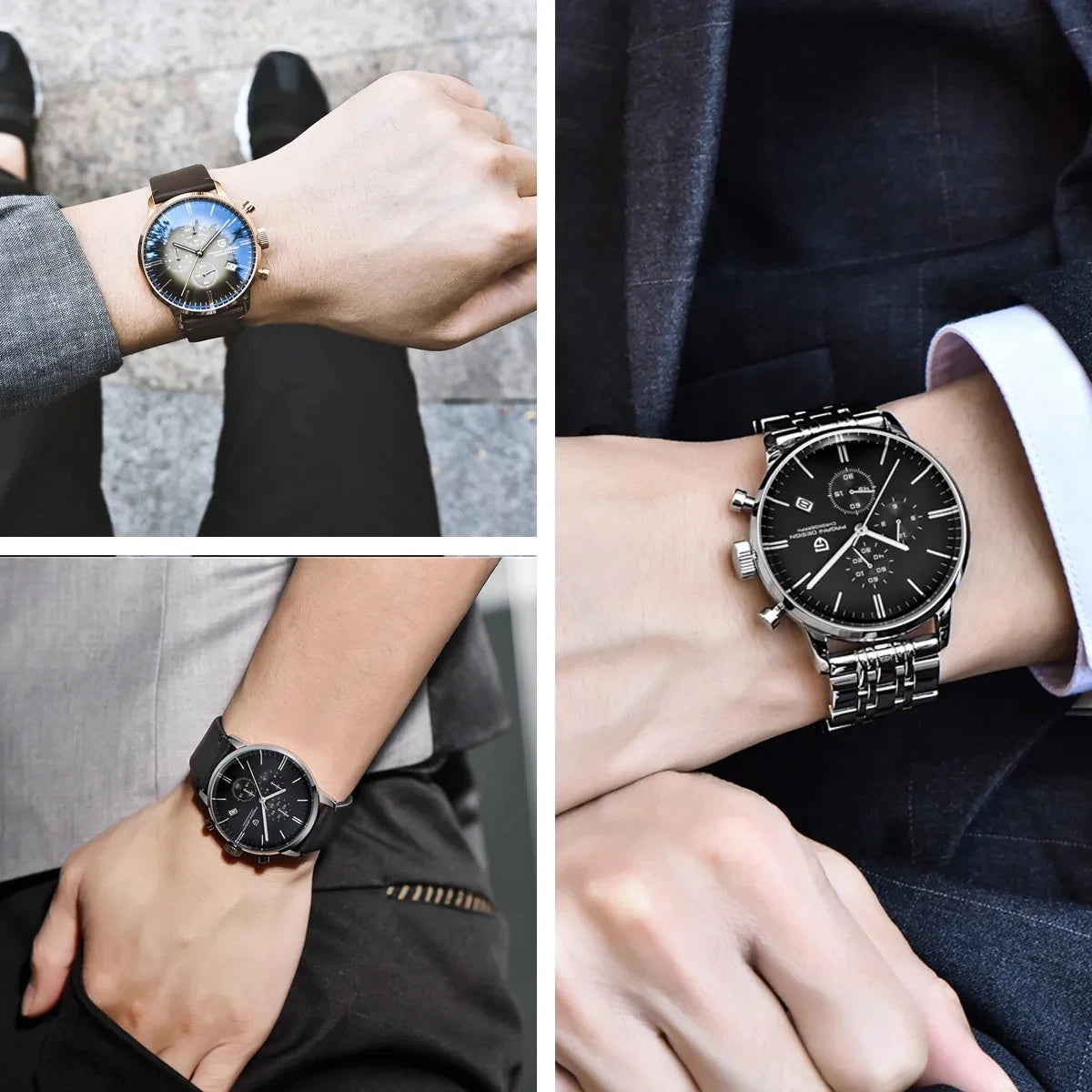 PAGANI DESIGN Mens Watches Waterproof 30M Genuine Leather Japanese VK67 Movement Quartz Watch