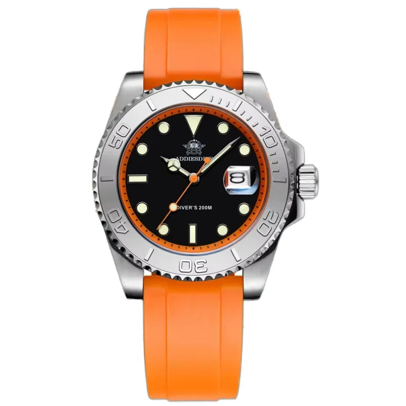 Mens Automatic Mechanical Diver Watch 200m Waterproof Stainless Steel Case Orange Rubber Strap Luminous Wristwatch