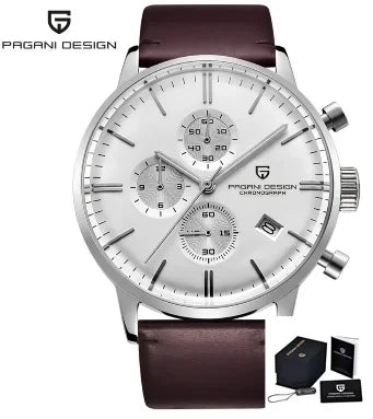 PAGANI DESIGN Mens Watches Waterproof 30M Genuine Leather Japanese VK67 Movement Quartz Watch