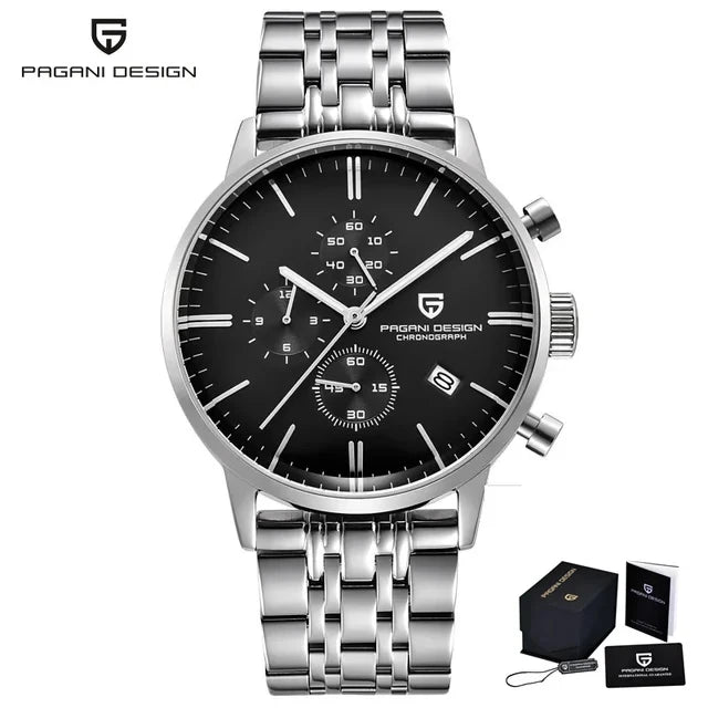 PAGANI DESIGN Mens Watches Waterproof 30M Genuine Leather Japanese VK67 Movement Quartz Watch