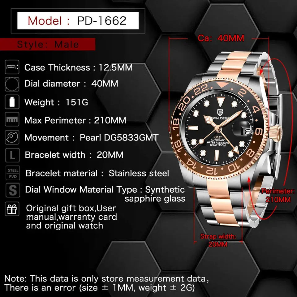 New PAGANI DESIGN 1662 Men Mechanical Watches Top Brand Sapphire Glass GMT Watches 100M Waterproof Automatic Watch for Men